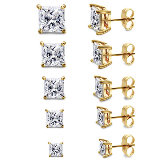 Gemsme 5 Pairs Princess Cut Cubic Zirconia Stud Earrings for Women/Men - 18K Gold Plated Hypoallergenic 3-7mm Square Clear CZ Earring Set
