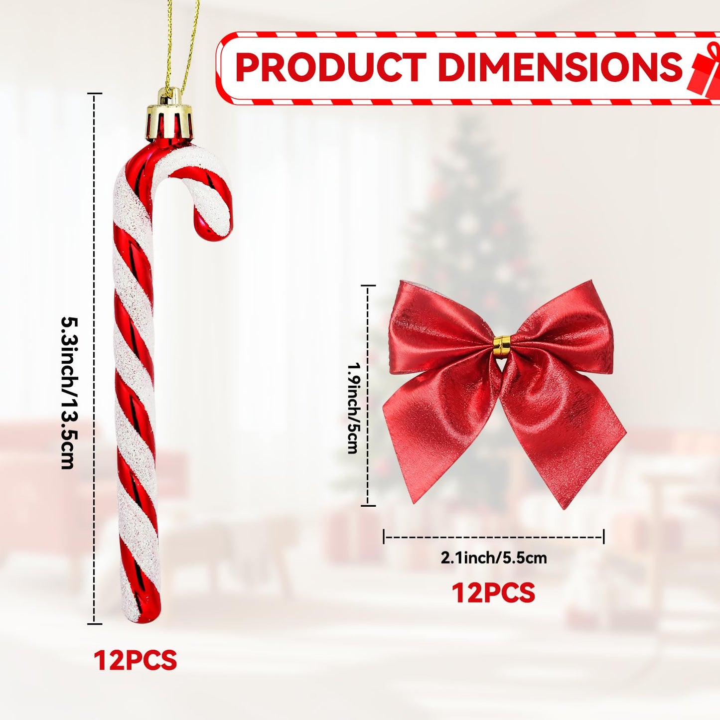 FYFLED Candy Cane Christmas Tree Decorations - 12 Pcs Candy Cane Ornaments for Tree, Glitter Candy Cane Bows for Xmas Tree Hanging Ornament Festival Party Home Decor, Red