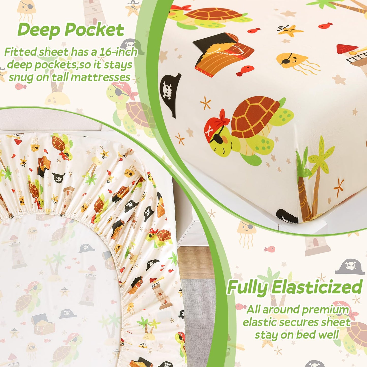 ChicView Queen Sheet Set Kids,4 Pieces Breathable Soft Microfiber Bedsheets for Child Boys Girls, Anti Pilling Deep Pockets Easy Care Bed Sheets, Turtle