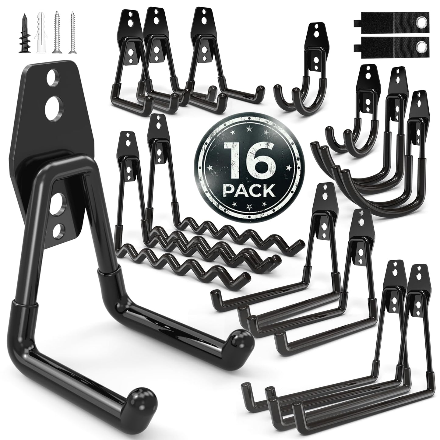 wallseffic 16 Pack Garage Hooks Heavy Duty Wall Mount Storage Hangers Holder Organizer, for Power Tool, Garden Yard Tools, Utility, Ladder, Hose