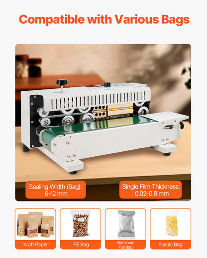 VEVOR Continuous Bag Band Sealing Machine, 0.24-0.47 in/6-12 mm Seal Width, Horizontal Band Sealer Machine with Digital Temperature Control, Carbon Steel Bag Sealer for 0.02-0.8 mm Plastic Bags Films