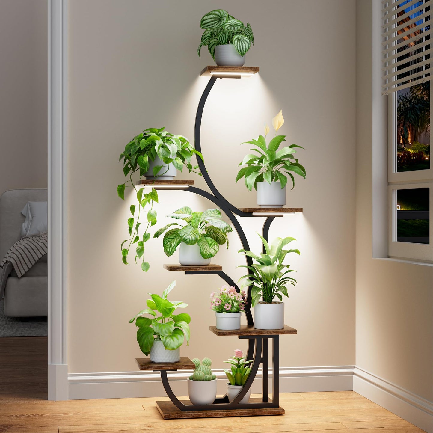 Plant Stand Indoor with Grow Lights - Lighted Indoor Plant Shelf, 57" 7 Tier Corner Plant Stands for Indoor Growing, Tall Flower Display Shelf, Metal S-Shaped Holder for Living Room, Bedroom, Black
