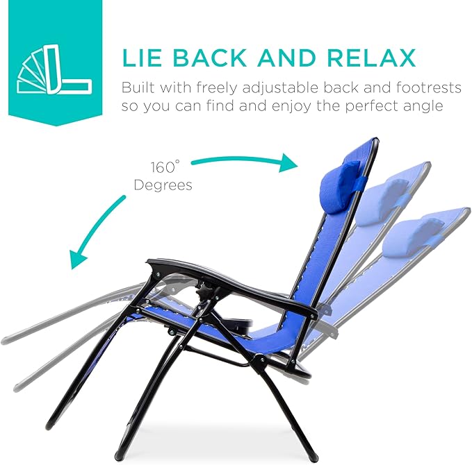 Best Choice Products Set of 2 Adjustable Steel Mesh Zero Gravity Lounge Chair Recliners w/Pillows and Cup Holder Trays - Cobalt Blue