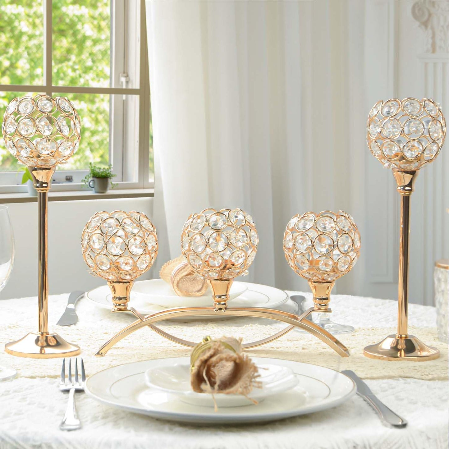 Crystal Tealight Candle Holder Centerpiece Home Decorative Candlestick Holder Elegant Table Centerpiece Home Decor Wedding Party Anniversary (Gold, Set of 3)