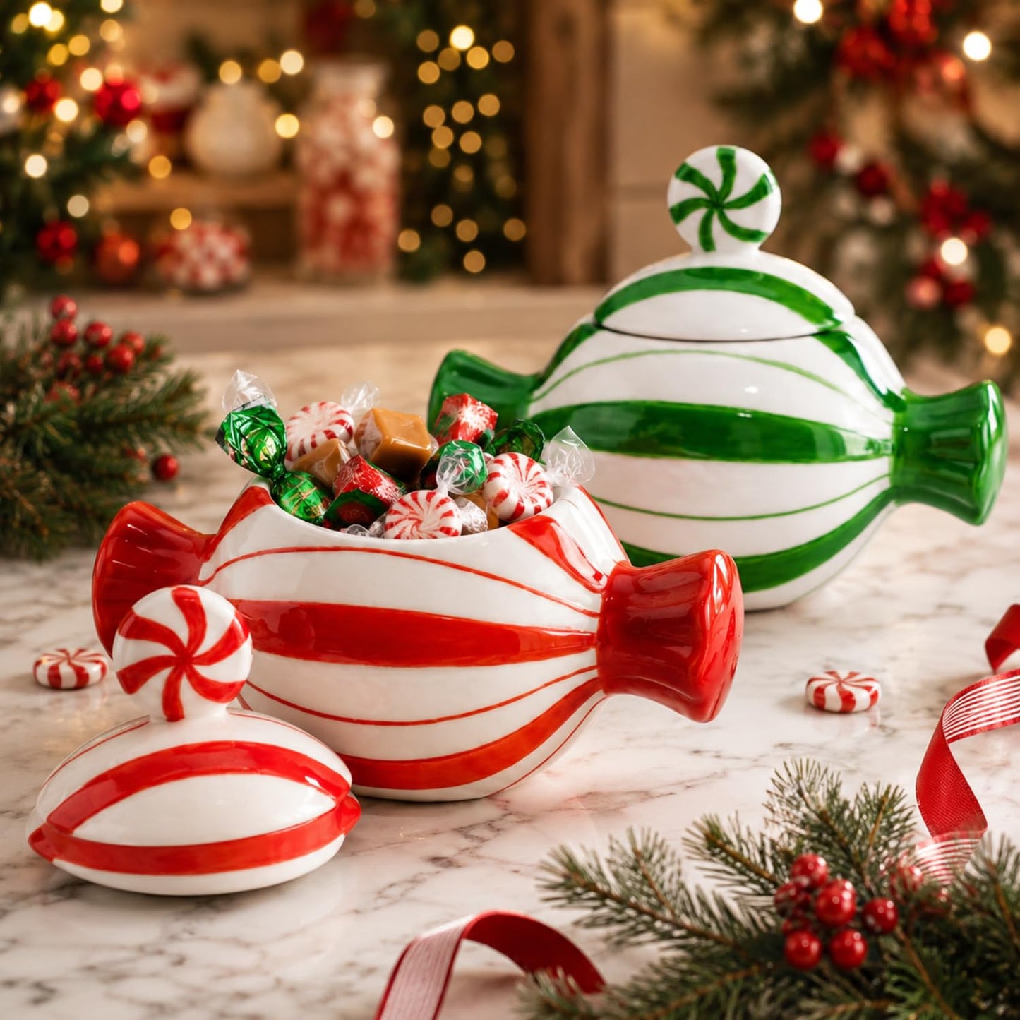 Yungyan 2 Pcs Christmas Candy Jars with Lid Ceramic Christmas Cookie Jar Red and Green Xmas Decor Coffee Cookie Sugar Storage Container for Snacks Kitchen Handcrafted Holiday Centerpiece Gift