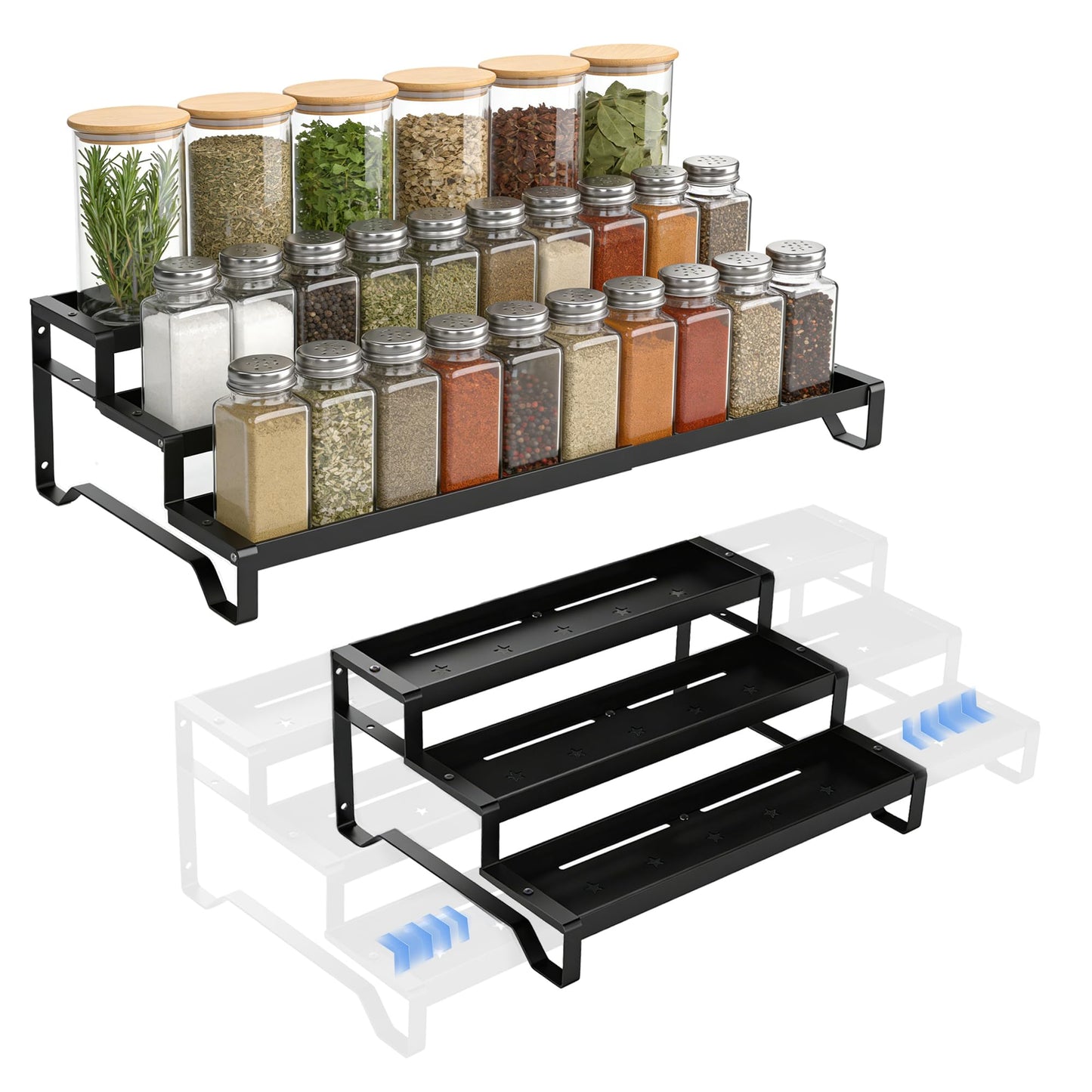 SANKEU Expandable Spice Rack Organizer for Cabinet 3 Tiered Metal Seasoning Organization with Guardrails Spice Shelf Storage for Jars Adjustable Length 13"-21" Black 1Pack