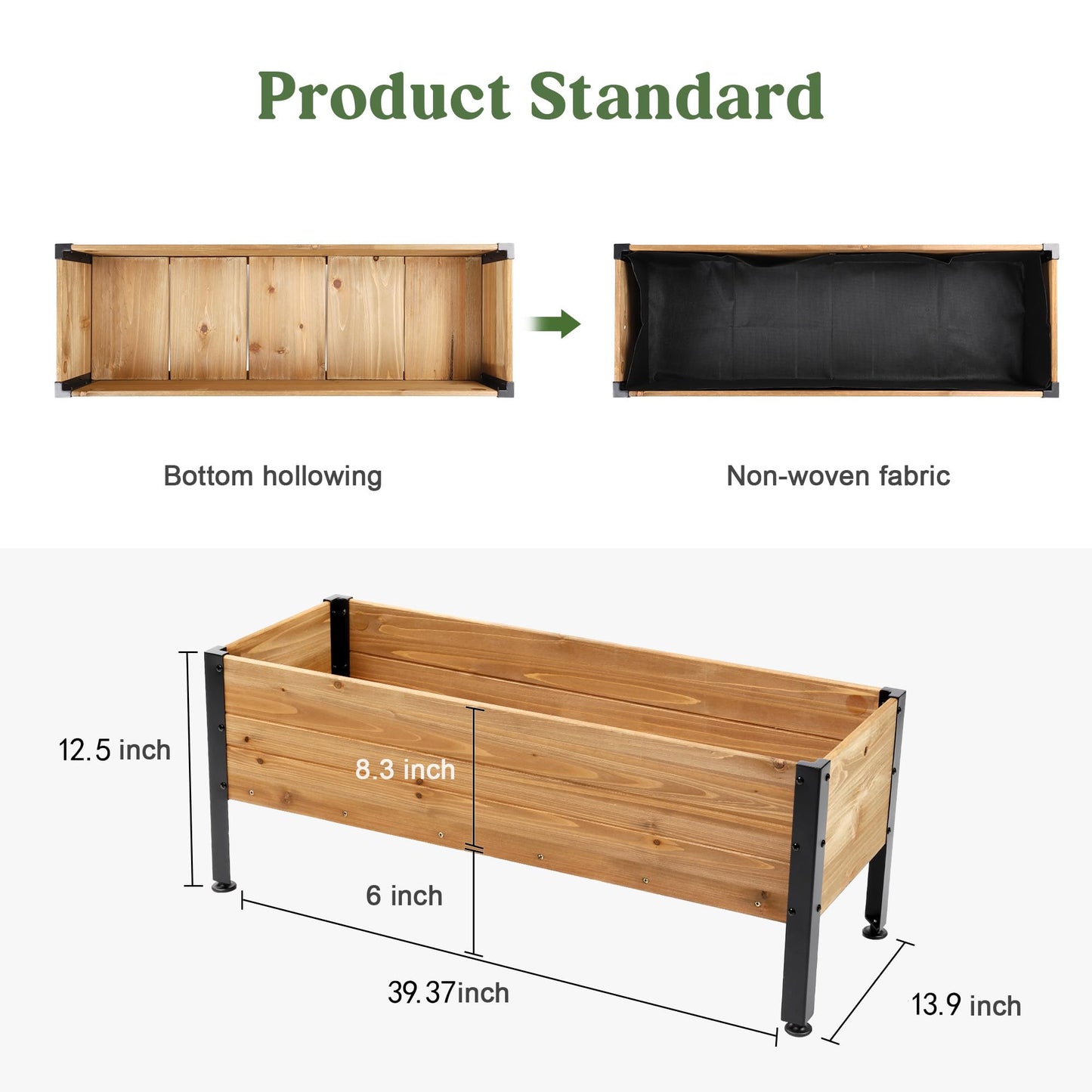 Borsynium Wooden Rectangular Flower Box with Low-Iron Legs, Planting Bed for Flowers and Vegetables, Suitable for Garden and Balcony. Dimensions:39.37 * 13.9 * 12.5 inches