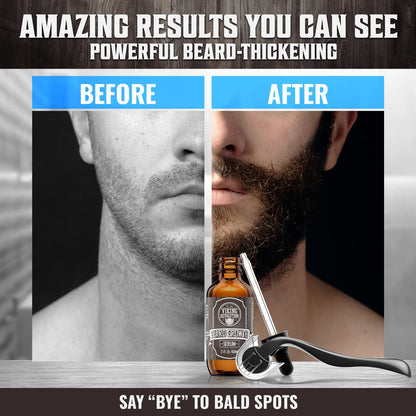 Beard Growth Kit - Oil, Balm, Serum, Derma Roller & Wooden Comb for Beard & Mustache Growth