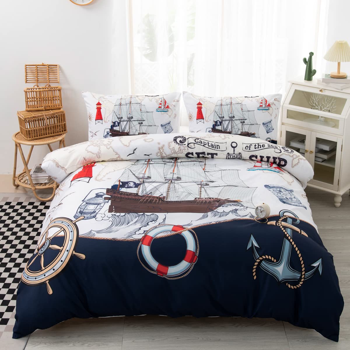CVHOUSE Nautical Bedding Set Queen Size,Nautical Sailboat Bed for Boys Teens,Ocean Themed Sailing Anchor Comforter Cover Soft,Anchor Duvet Quilt Queen 89'x89'