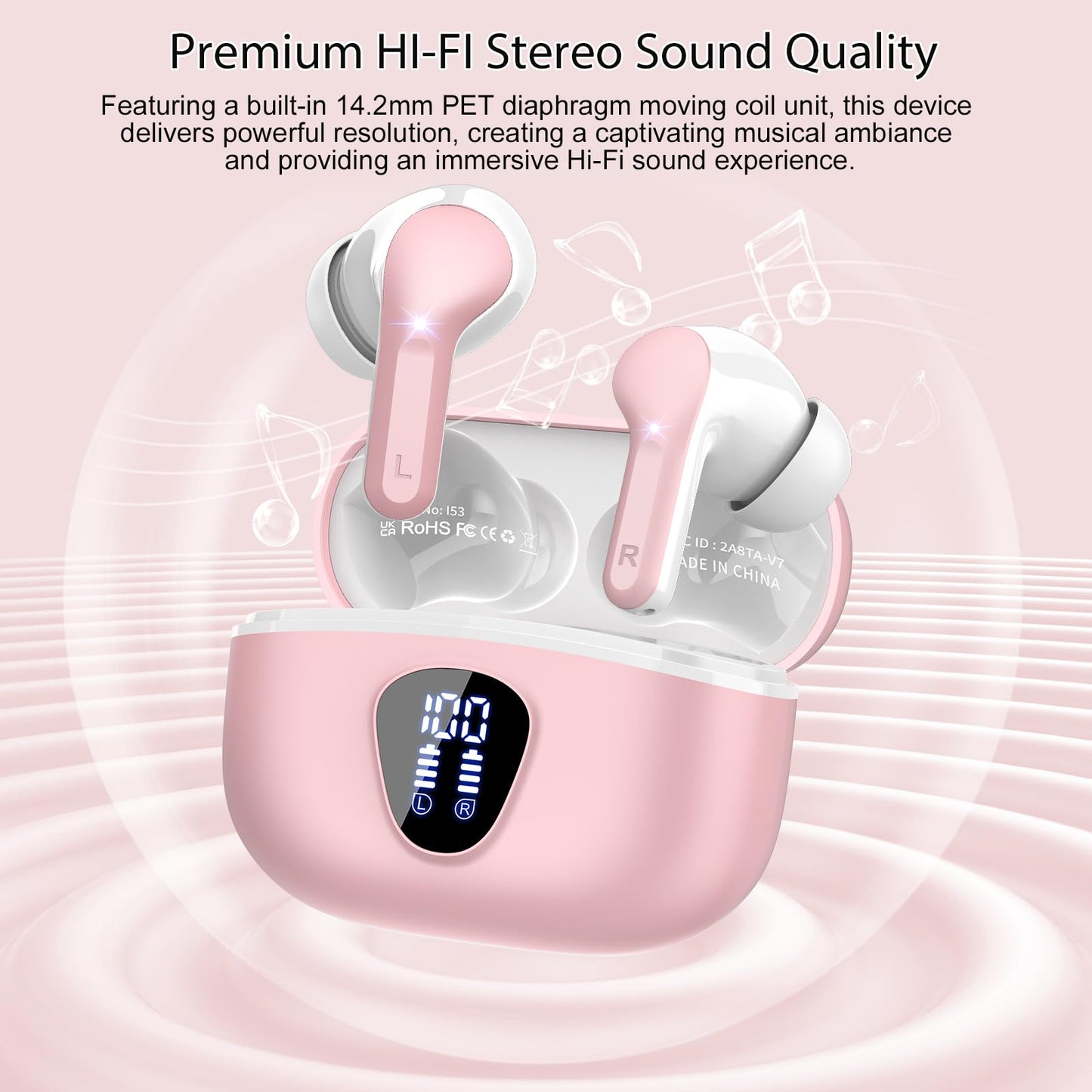 Wireless Earbuds, Bluetooth 5.4 Headphones HiFi Stereo, Bluetooth Earbuds with ENC Noise Cancelling Mic, IP7 Waterproof in Ear Earphones, 48H, LED Display Ear Buds for Pad Phones Workout Sports, Pink