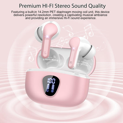 Wireless Earbuds, Bluetooth 5.4 Headphones HiFi Stereo, Bluetooth Earbuds with ENC Noise Cancelling Mic, IP7 Waterproof in Ear Earphones, 48H, LED Display Ear Buds for Pad Phones Workout Sports, Pink