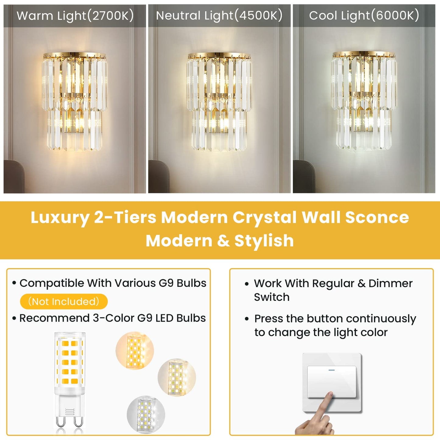 Siljoy 2-Lights Modern Crystal Wall Light, 2-Tiers Crystal Bedside Wall Mount Lighting Fixture, Mirror Gold Stainless Steel K9 Crystal Wall Sconce for Bedroom Living Room Hallway H10'' x L8''