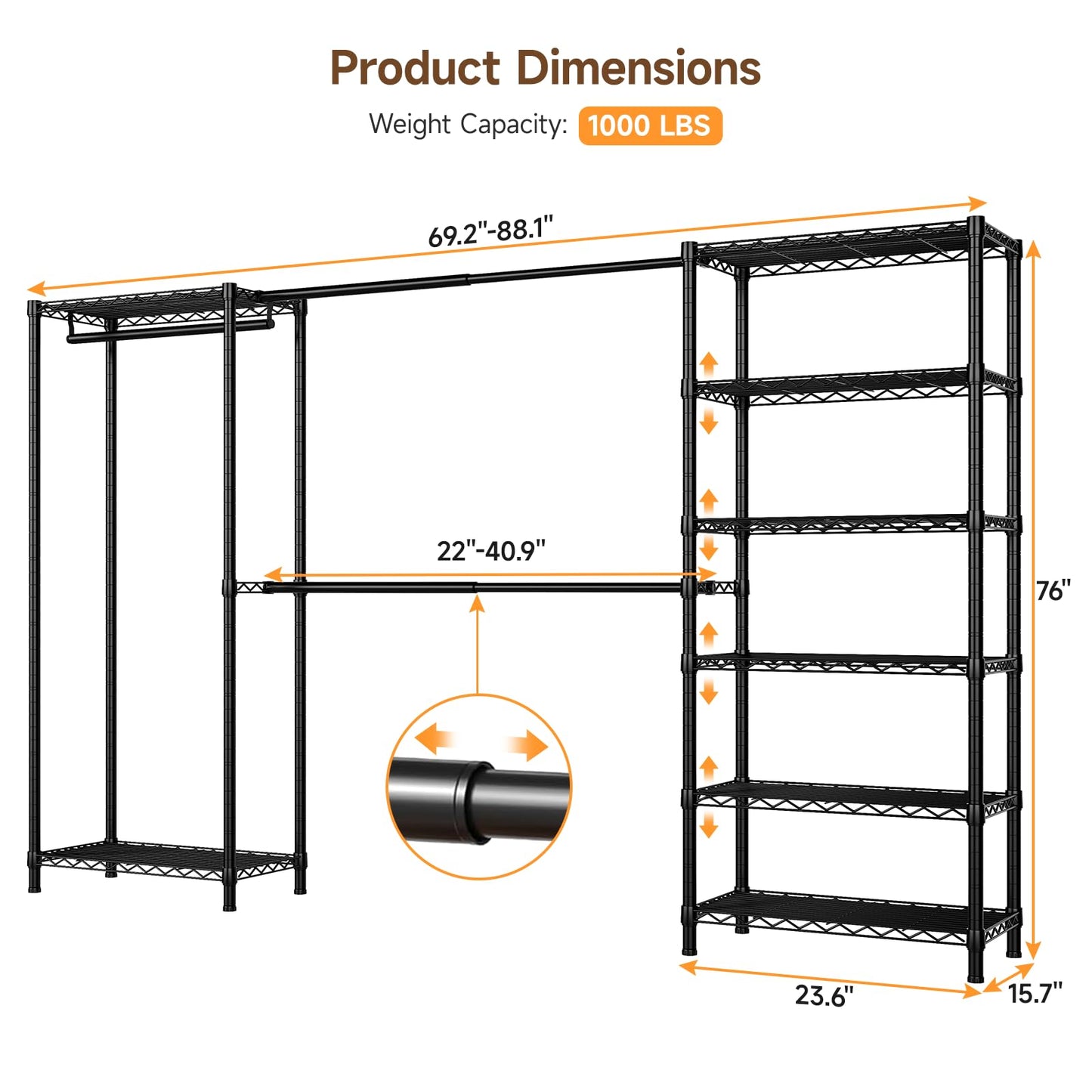 ONBRILL E3 Expandable Heavy Duty Garment Rack, Freestanding Closet Organizer System with 8 Wire Shelves & 3 Hanging Rods, Modular Metal Pipe Clothing Rack, Max Load 1000 LBS, Portable Closet, Black