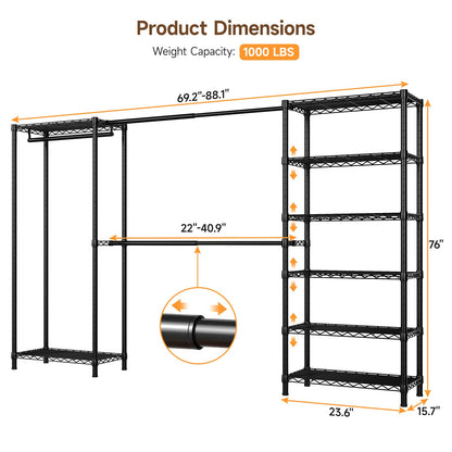 ONBRILL E3 Expandable Heavy Duty Garment Rack, Freestanding Closet Organizer System with 8 Wire Shelves & 3 Hanging Rods, Modular Metal Pipe Clothing Rack, Max Load 1000 LBS, Portable Closet, Black