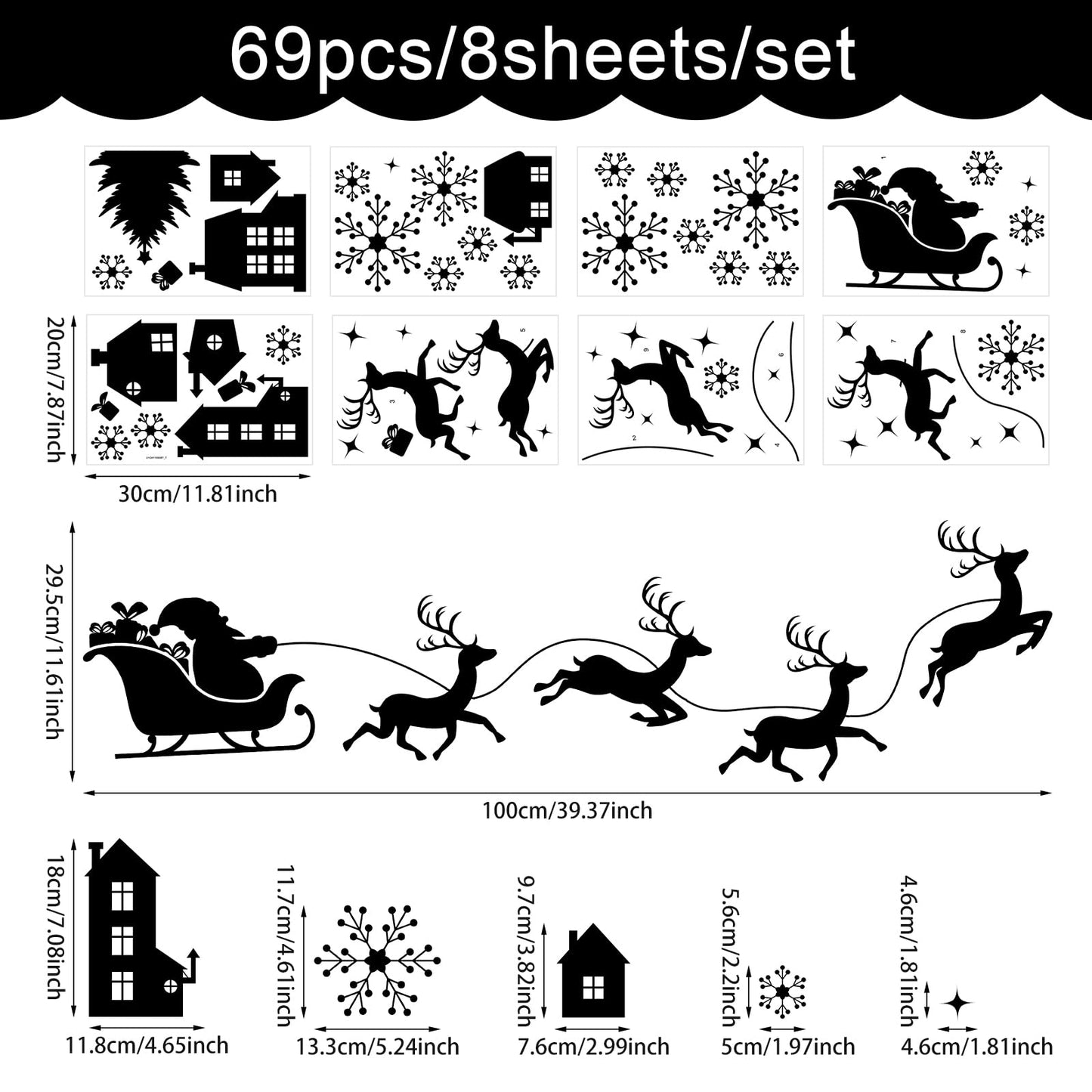 Merry Christmas Wall Decal Black Santa Reindeer Snowflake Window Clings Wall Stickers Removable Xmas Vinyl Wall Decor for Holiday Party Bedroom Office Living Room Home Decoration