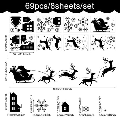 Merry Christmas Wall Decal Black Santa Reindeer Snowflake Window Clings Wall Stickers Removable Xmas Vinyl Wall Decor for Holiday Party Bedroom Office Living Room Home Decoration