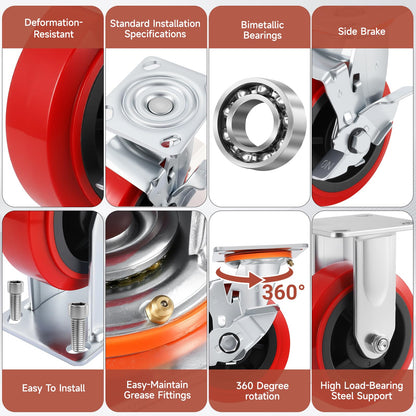 Caster Wheels,Industrial Heavy Duty Caster Set of 4,Polyurethane Surface TPE Casters,Load 5000Lbs Swivel Brake Plate Casters,for Industrial Equipment (2Side Brake & 2 Rigid, 6 inch)
