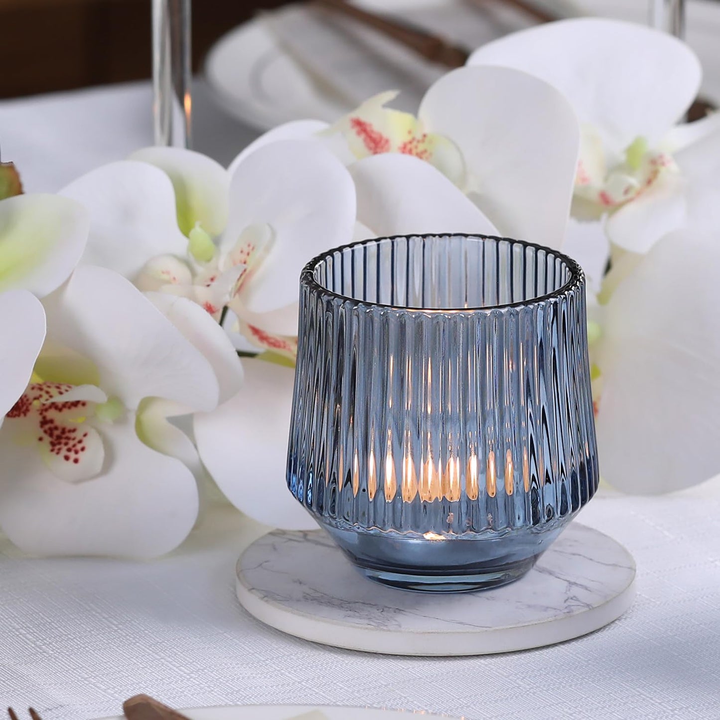 12 Pcs Large Blue Votive Candle Holders for Table Centerpieces- 3.15"×3.15" Ribbed Tea Candle Holders for Dusty Blue Wedding Decor, Bridal Shower Decorations