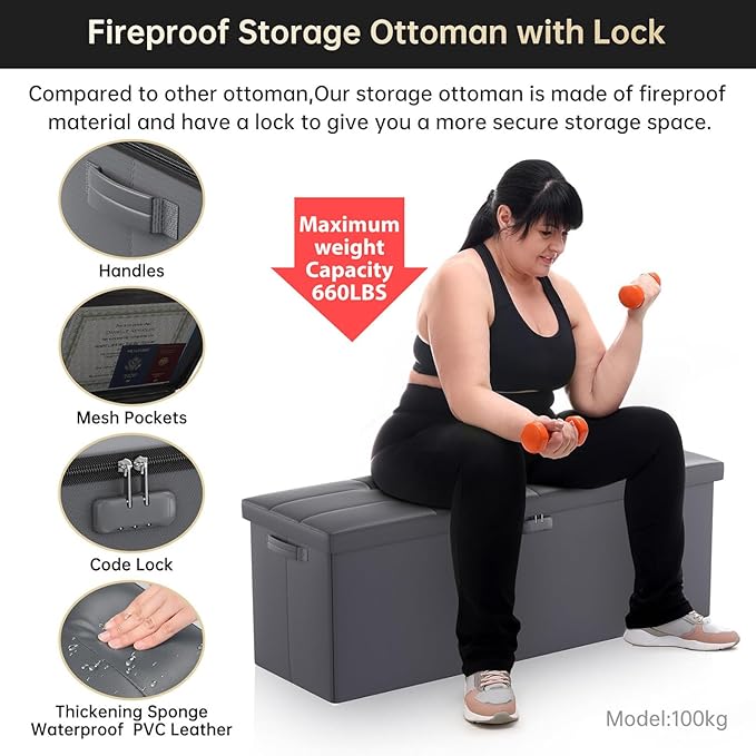 DocSafe Storage Ottoman Bench, Fireproof＆Waterproof Folding Bench