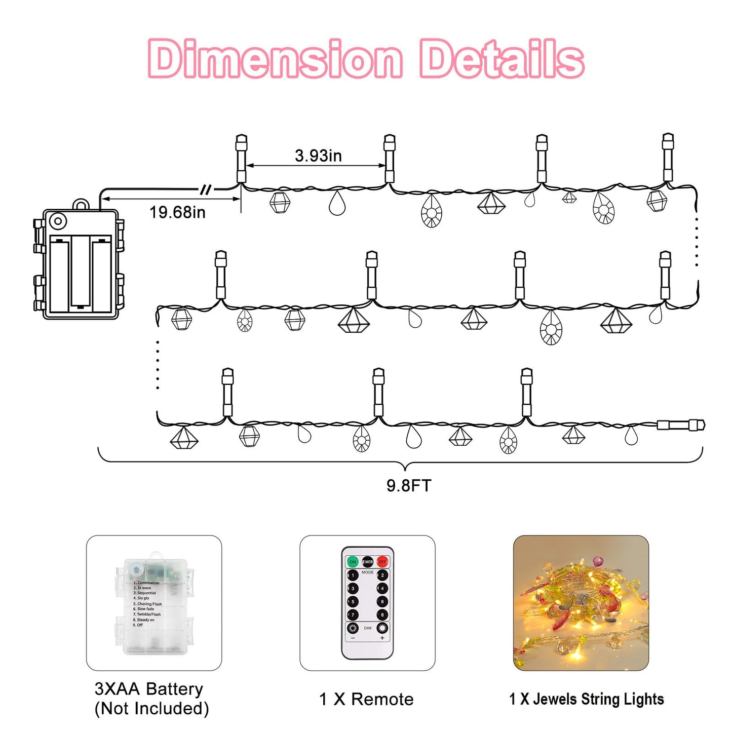 [Updated Version] Indoor House String Lights-Bohemia Style String with Jewels-Colorful Jewels LED Fairy Christmas Lights-Battery Powered-8 Mode- Remote-Timer30 Warm White LED Gift Lights for Girl