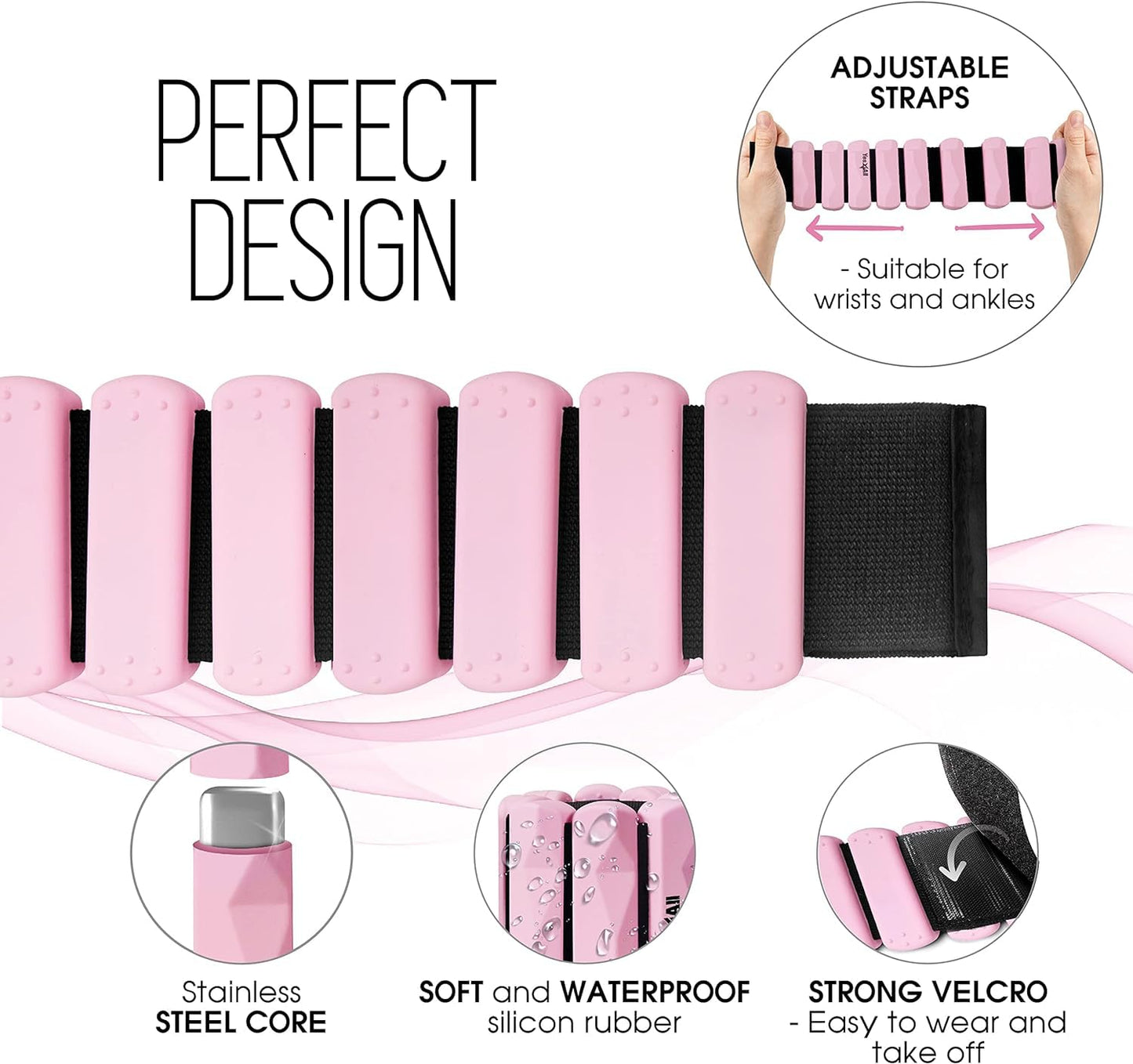 Yes4All Wrist & Ankle Weights, Adjustable Silicone Ankle weights for Women Men Home Gym Workout, Yoga, Dance, Cardio, Pilates, Aerobics, Walking and Running (1lbs/Pair) - Pink