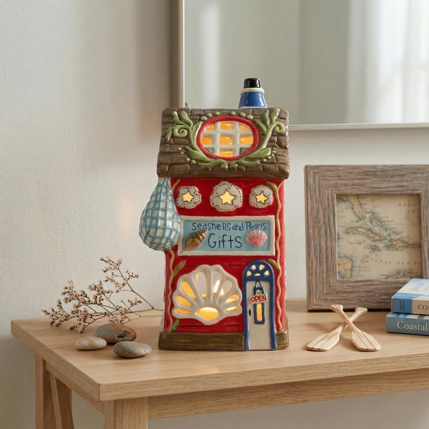Blue Sky Clayworks Seashells and Pearls Gift Candle House, 4.375" L x 4.25" W x 8" H