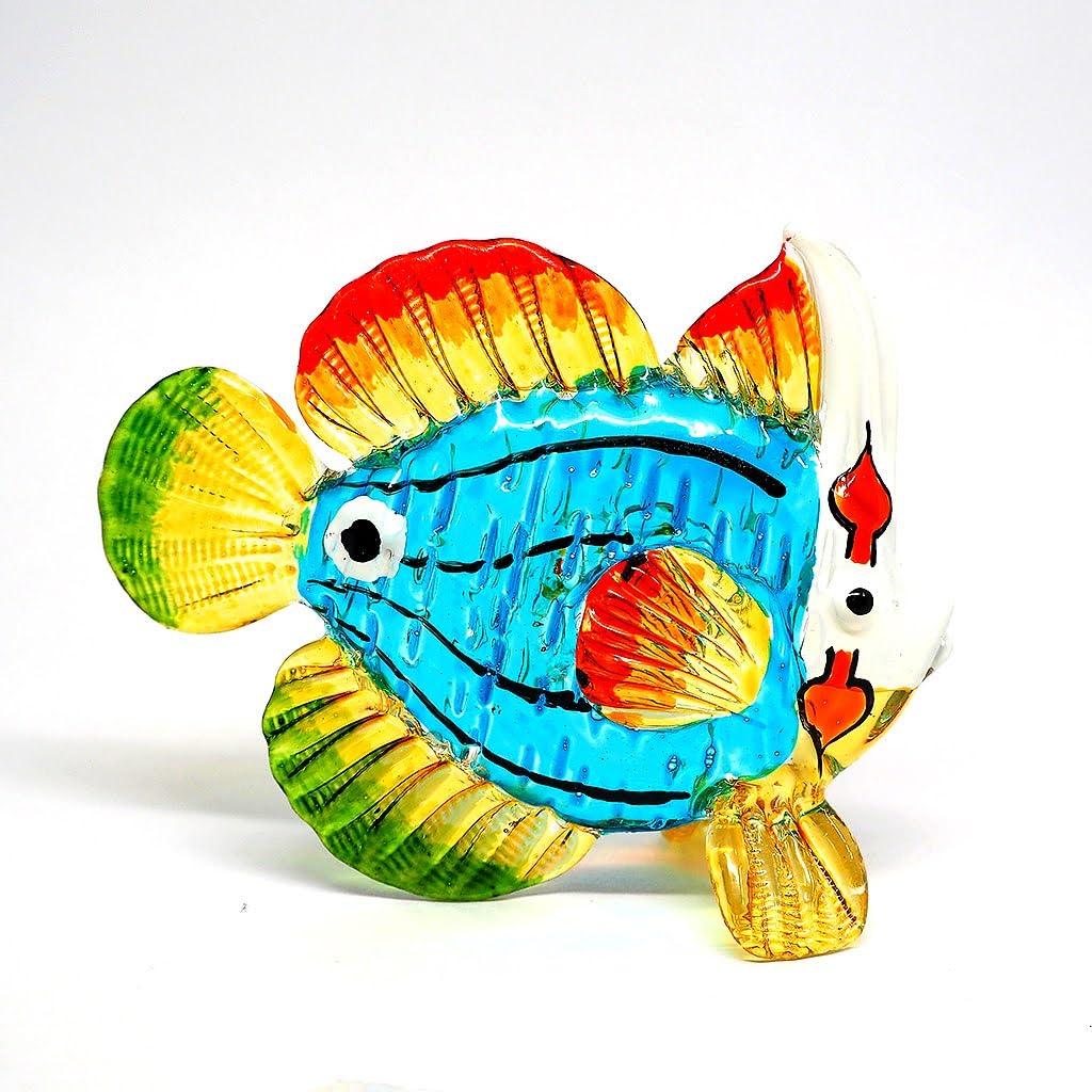 ZOOCRAFT Blown Glass Fish Figurine, Hand Painted Sea Creature Gift Ornament, 2.6" Tall Blue/Green Coastal Decor
