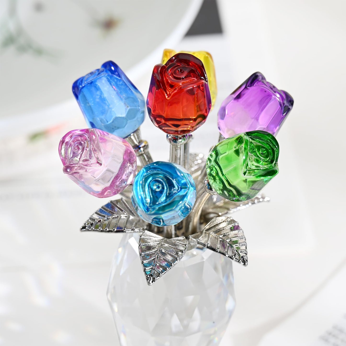 KRISININE Elegant Crystal Rose Figurine 7 Colorful K9 Crystal Flowers Floral Collectible Sculpture Romantic Gift for Valentine’s Day, Mother’s Day, Wedding, Anniversary