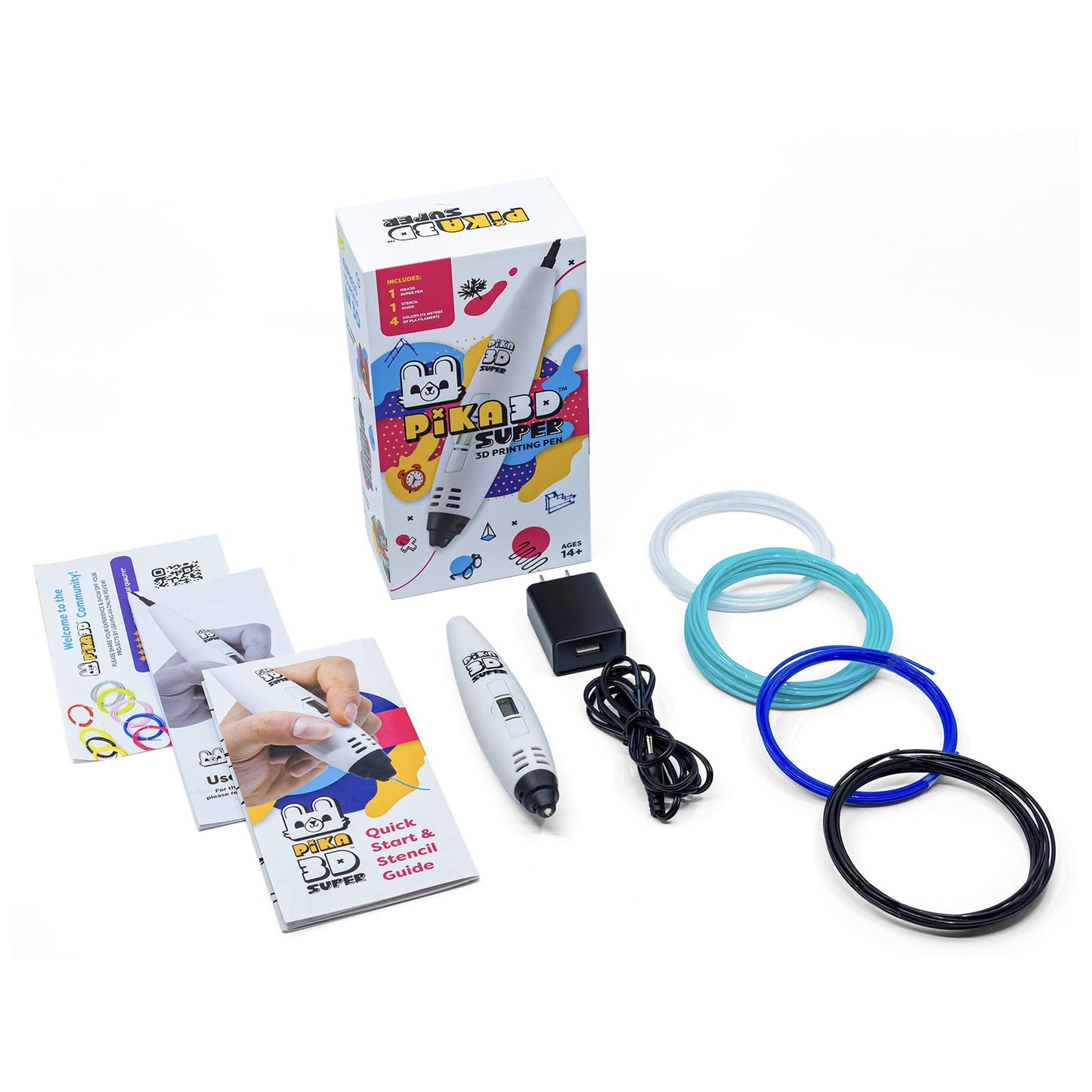 PIKA3D Super 3D PRINTING PEN - Includes 3D Pen, 4 Colors of PLA Filament Refill with Stencil Guide and User Manual, White