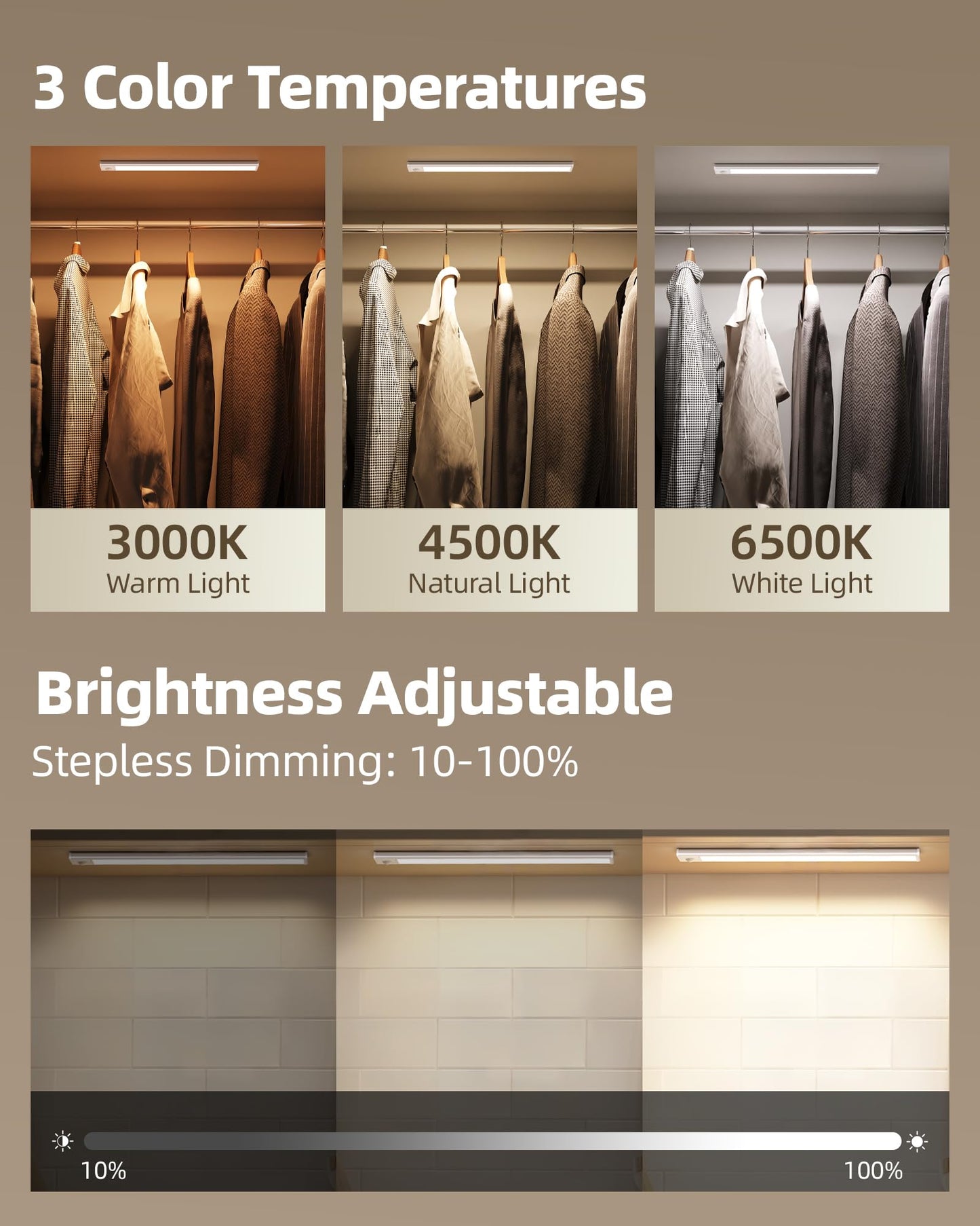 Under Cabinet Lighting Wireless,Rechargeable Battery Motion Sensor Light Indoor,LED Closet Lights USB Charging,3 Color Dimmable Under Cabinet Lights for Kitchen, Cabinet, Wardrobe (3 Pcs)12in