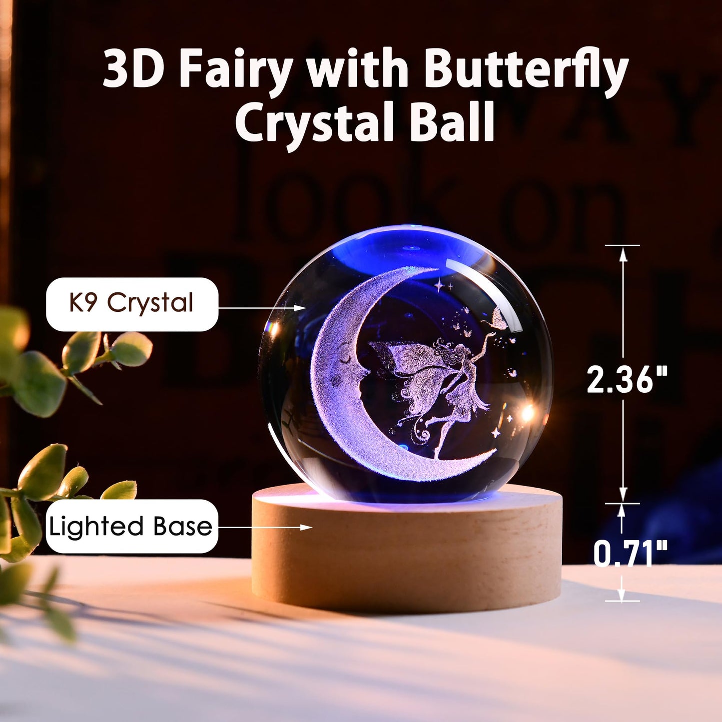 IFOLAINA Moon Fairy Crystal Ball Fairy Gifts for Girls Her Fairy Lovers Birthday Gifts for Daughters 3D Crystal Fairy Sphere Lamp Decorative Fairy Figurine Home Decor