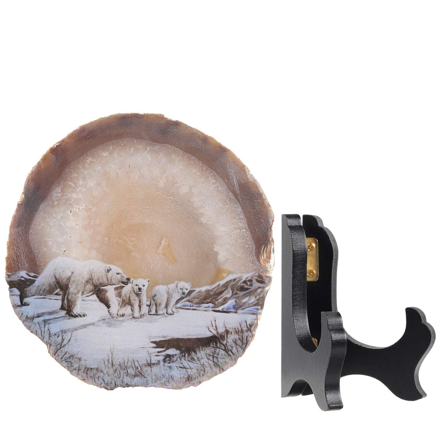 Rockcloud Polar Bears Agate Slab Display with Wooden Stand Irregular Shape Aagte Slice Stone Home Office Desk Ornament