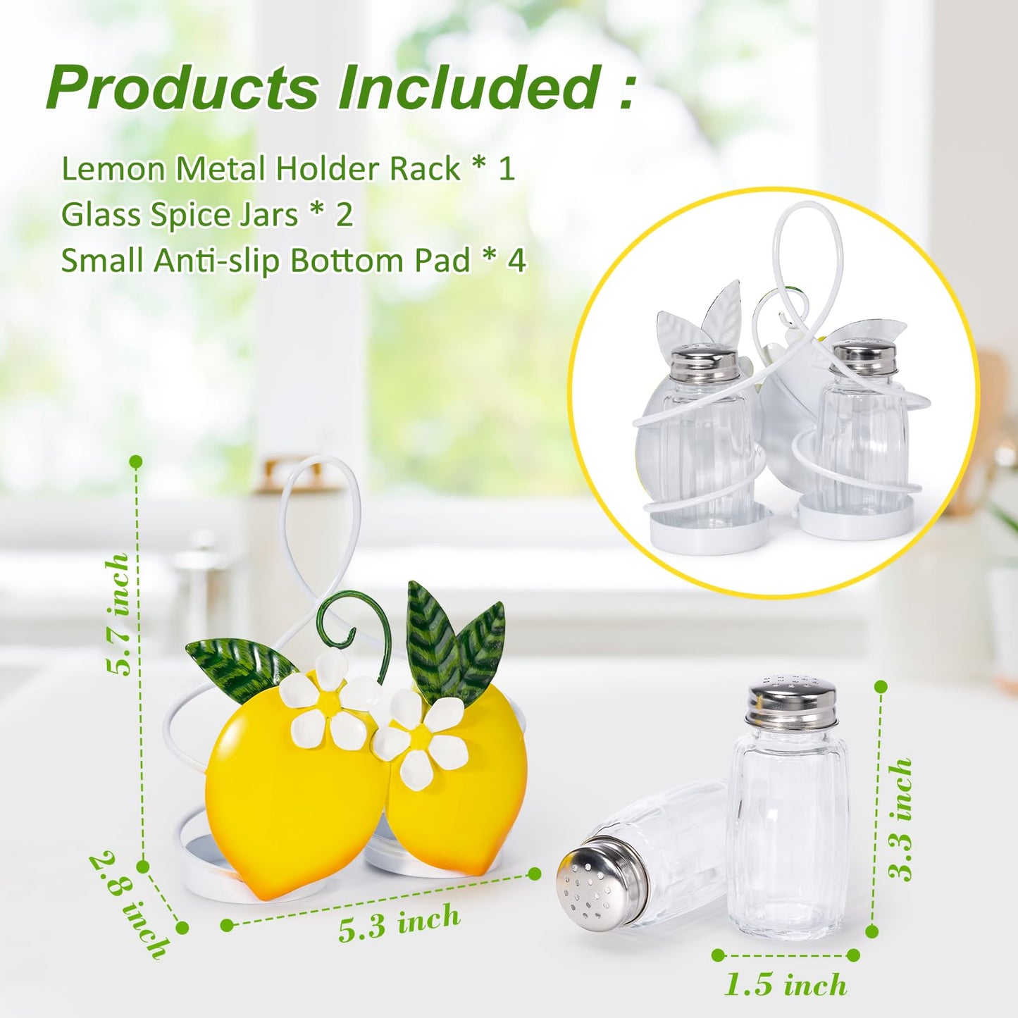 Lemon Cute Salt and Pepper Shakers Set with Holder - 2oz Seasoning Containers with Lemon Decor Holder, Yellow Kitchen Decor and Accessories, Housewarming Gifts for Women, Portable Metal Stand