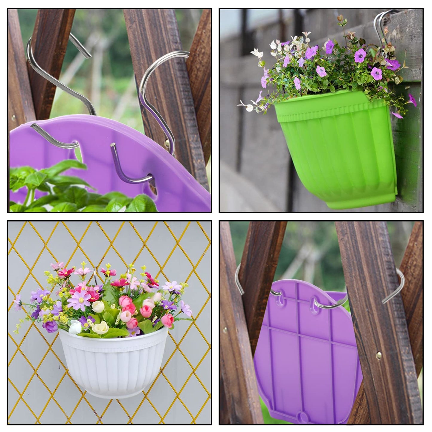 DEAYOU 6 Pack Wall Planter Hanging Flower Pot, Window Hang Indoor Outdoor Plant Basket for Fence, Railing Resin Pots with S Hooks and Drainage Meshes, Half Round Herb Holders for Garden