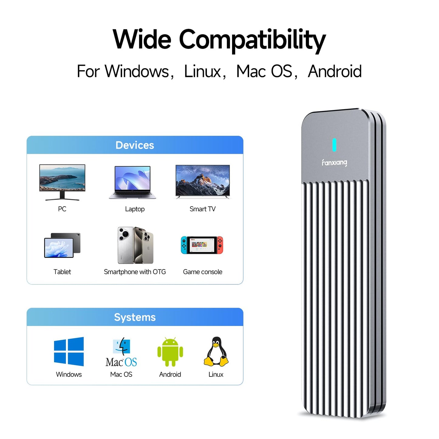 fanxiang M.2 NVMe Enclosure, Dual-Protocol SSD Enclosure USB 3.2 Gen2 10Gbps, Up to 4TB M Key/B+M Key, With USB C to C and USB A to C Cables for 2230/2242/2260/2280—MD87