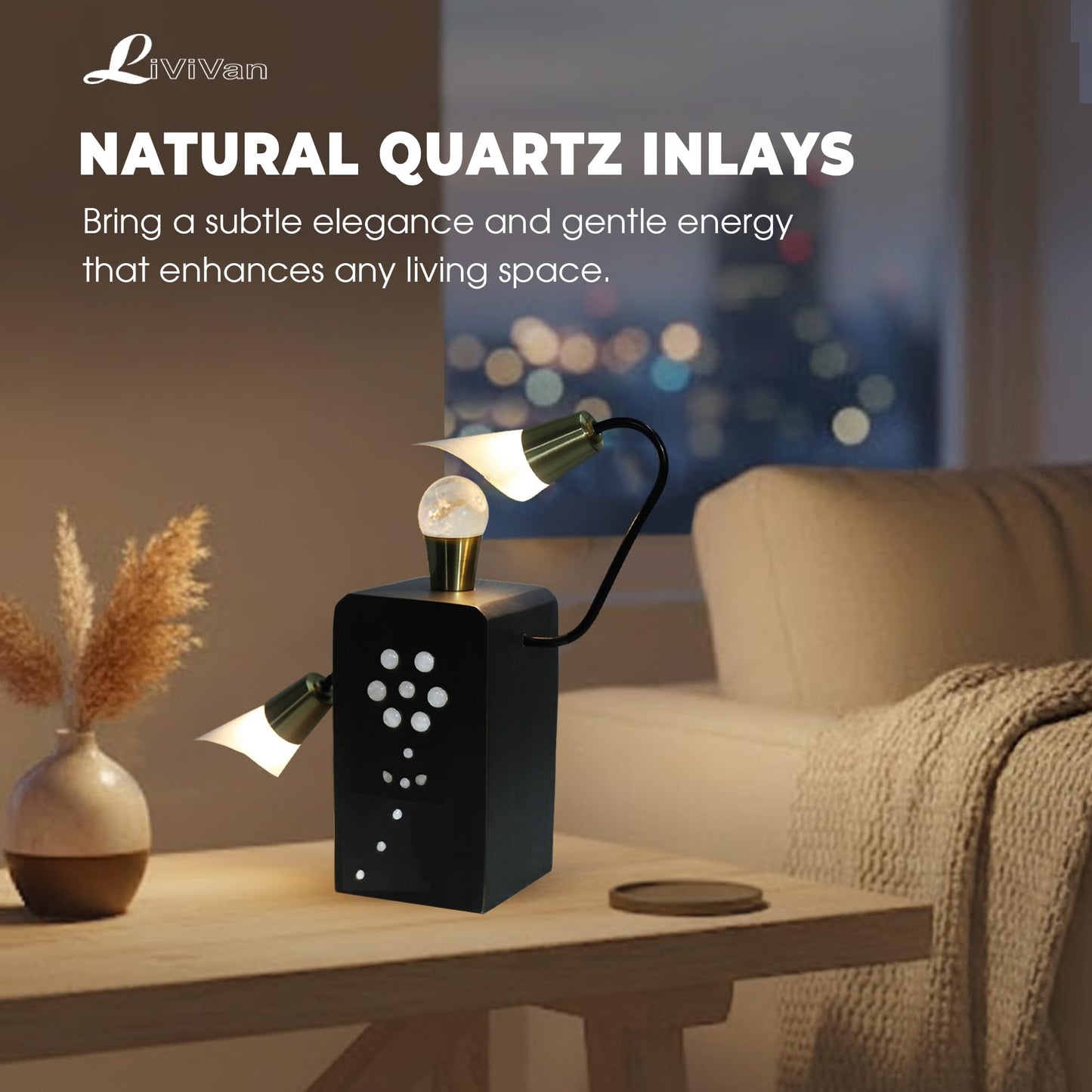 LiViVan Handmade Quartz Crystal Inlaid Desk Lamp, Modern Table Lamp, Rustic Industrial Bedside Lamp for Dorm, Office, Home, Improve Sleep Quality, Unique Gift for Housewarming - A05