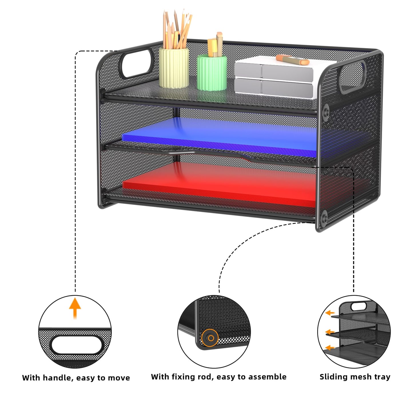 Samstar 3 Tier Letter Tray Paper Organizer with Handle, Mesh Desk Organizer Paper Sorter File Rack Shelves, Black