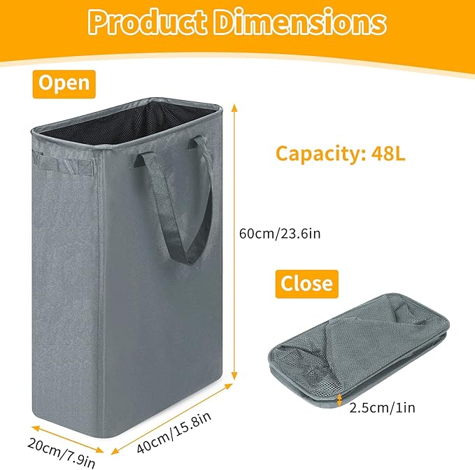 Slim Laundry Hamper, 48L Ultra Thin Collapsible Laundry Basket