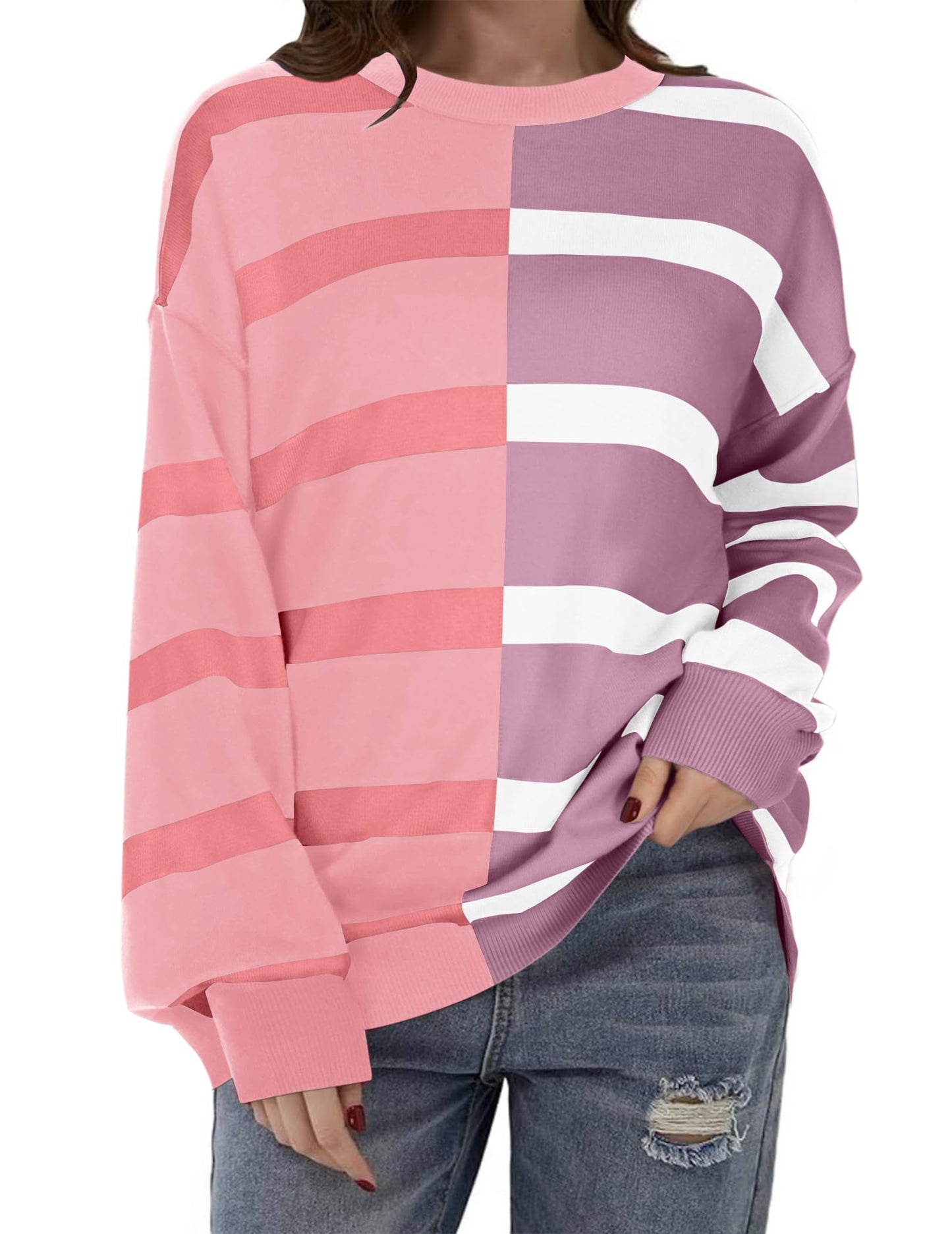 Zeagoo Womens Striped Oversized Sweater 2025 Crew Neck Long Sleeve Knitted Color Block Casual Loose Pullover Top