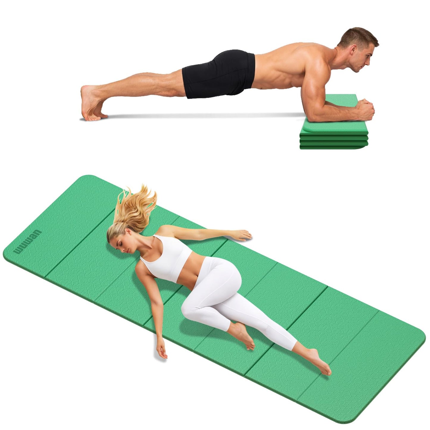 Folding Yoga Mat Extra Thick 0.4 Inch, Foldable Yoga Mat 75 x 26 Inches, TPE Exercise Mat, 7-Panel Non Slip Cushioned Fitness Mat for Yoga, Pilates, Stretching, Home Workout (Green)