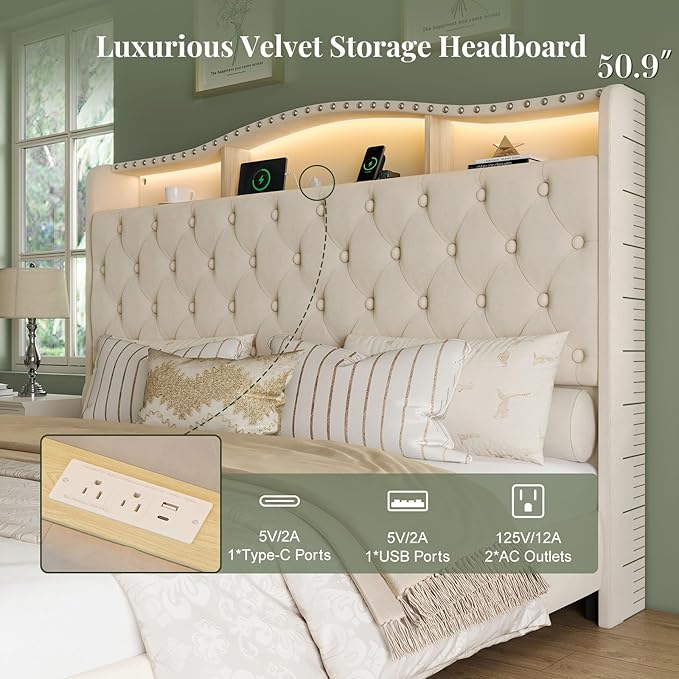 Belffin King Size Bed Frame and Headboard, 50.9" Velvet Upholstered Wingback