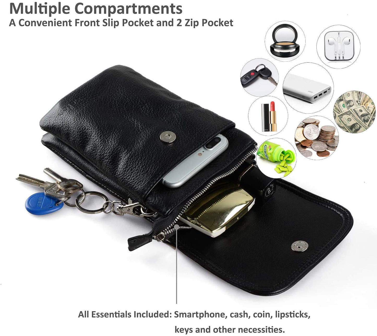befen Genuine Leather Crossbody Bag, Cellphone Wallet, Small for Women Mini Shoulder Purse with Long Strap and Key Ring - Fit 8 Plus or Phone Less 6.5 Inch