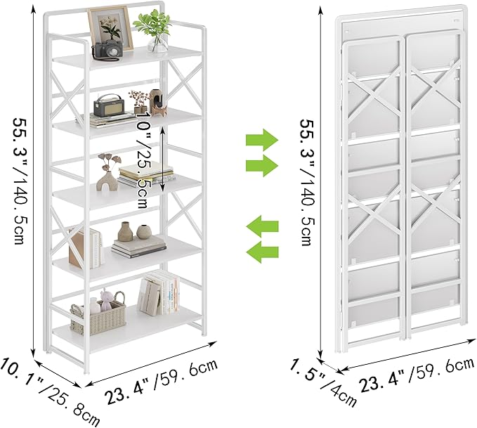 No Assembly Folding Bookshelf, 5 Tiers Vintage Wood Collapsible Book Shelf