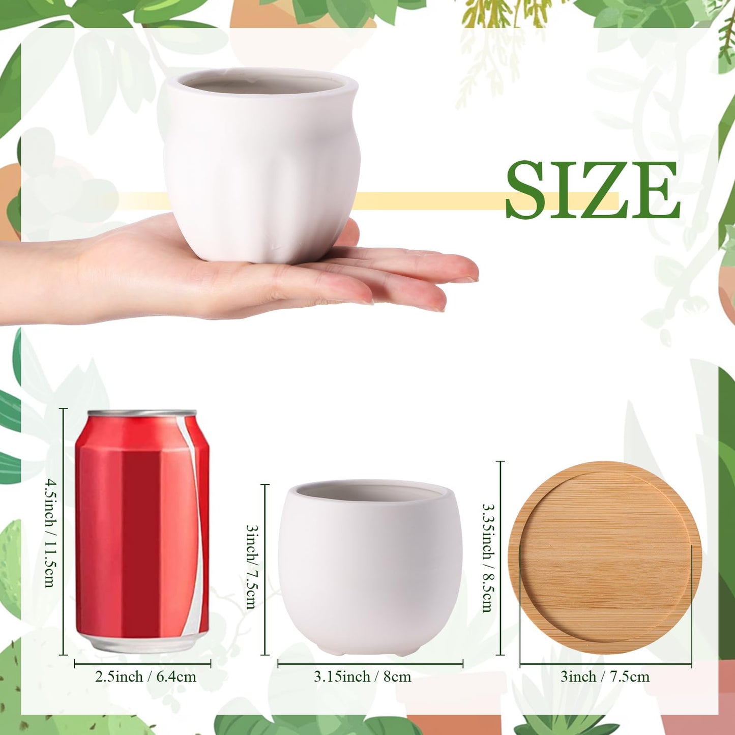 Remerry 18 Pcs 3.5 Inch Mini Succulent Pots with Bamboo Tray White Ceramic Pots Color Your Own DIY Small Planters Containers for Flower Cactus with Drainage Hole for Plant Lover
