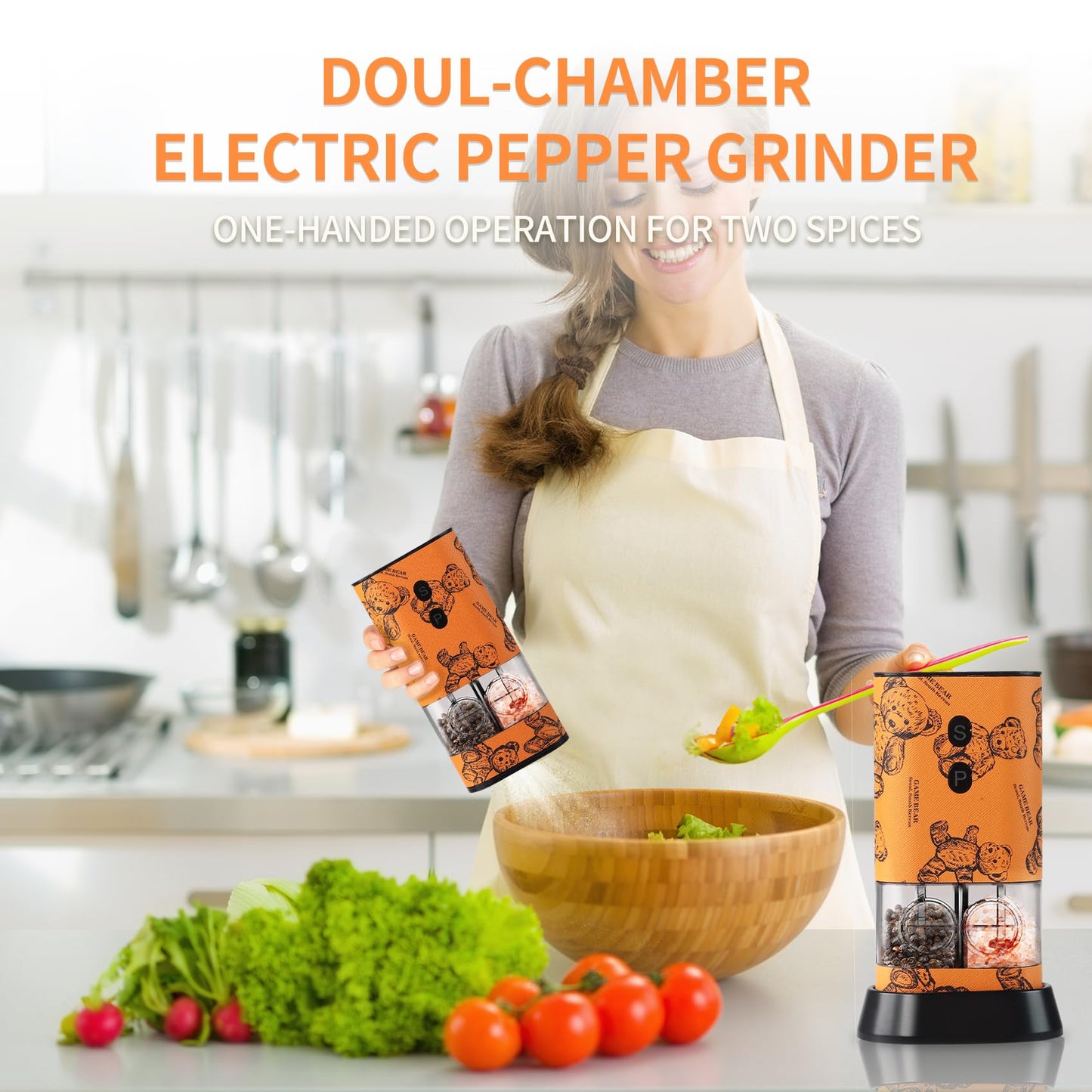 Dual Chamber Salt and Pepper Grinder Set Rechargeable,Electric Pepper Grinder USB-C,One-Hand Control Automatic Salt Mill Shakers,Ceramic Adjustable Coarseness,Large Capacity LED for Kitchen Home Gifts