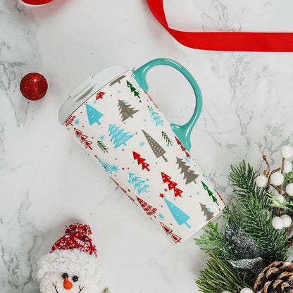 Topadorn Christmas Tree Ceramic Mug Coffee Cup with Spill-proof Lid and Box, 17 Oz.