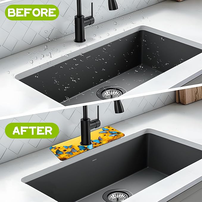Kitchen Sink Splash Sunflowers and Blue Butterflies Guard Faucet Mat Super