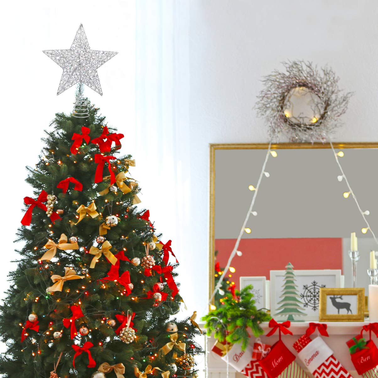 Christmas Tree Star Topper Lights,Xmas Tree Glittered Tree-top with Led Party Home Decor,Silver (Silver 1)