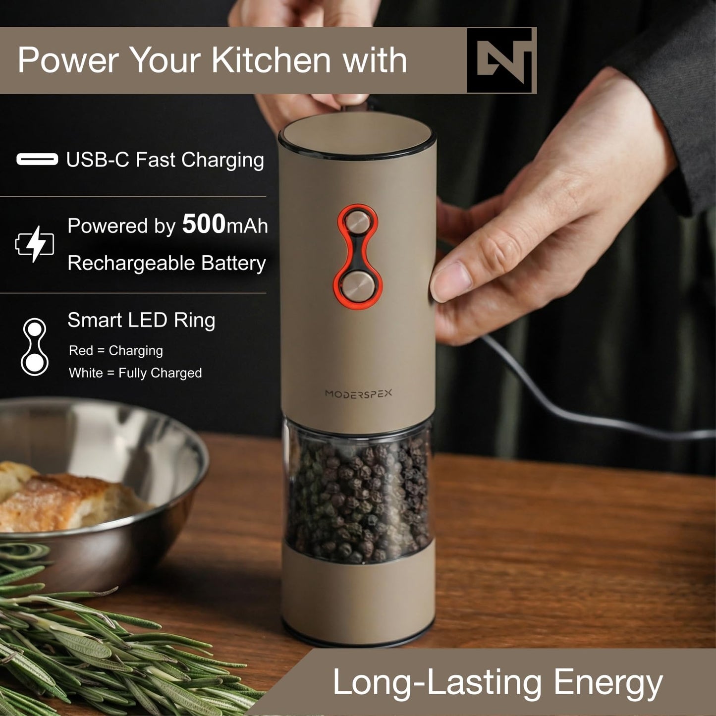 Electric Salt and Pepper Grinder Set USB-C Rechargeable, Dual-Speed Automatic Salt and Pepper Mills with 9 Adjustable Coarseness, Ceramic Burr, LED Light, Refillable, (Taupe Brown）