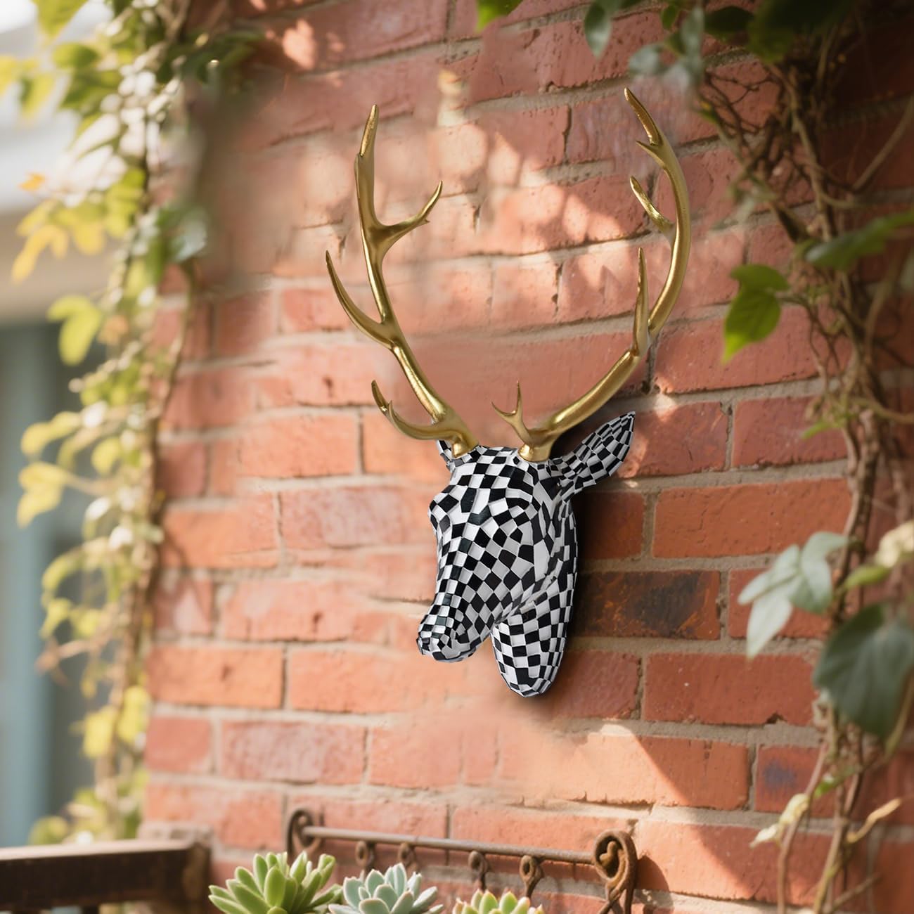 GIGICICI Mosaic Deer Head Wall Decor 15.7x8.7 Inch, Artistic Faux Resin Animal Head Wall Sculpture Hanging for Living Room Bedroom Kitchen Office, Black-White Gift